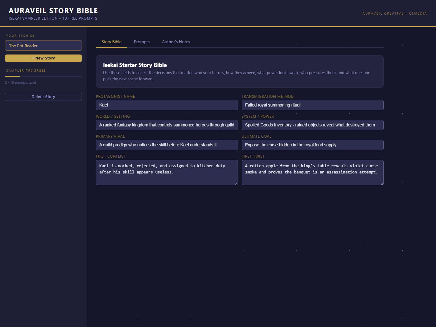 Screenshot of the Auraveil sample Story Bible interface
