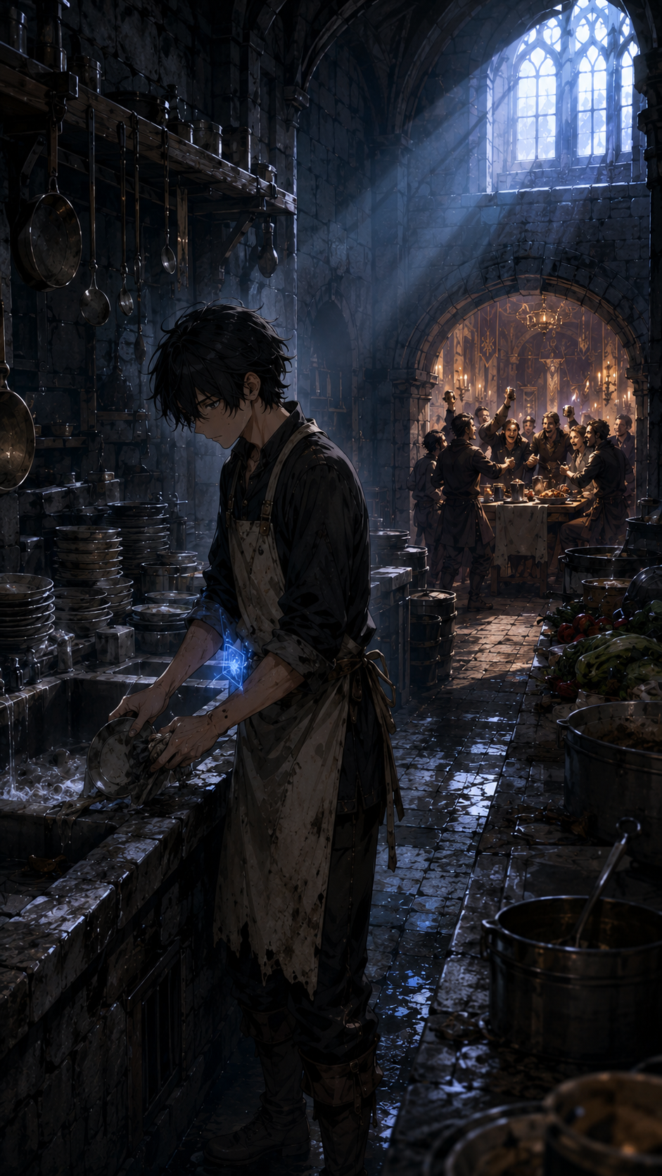 Kael alone on kitchen duty