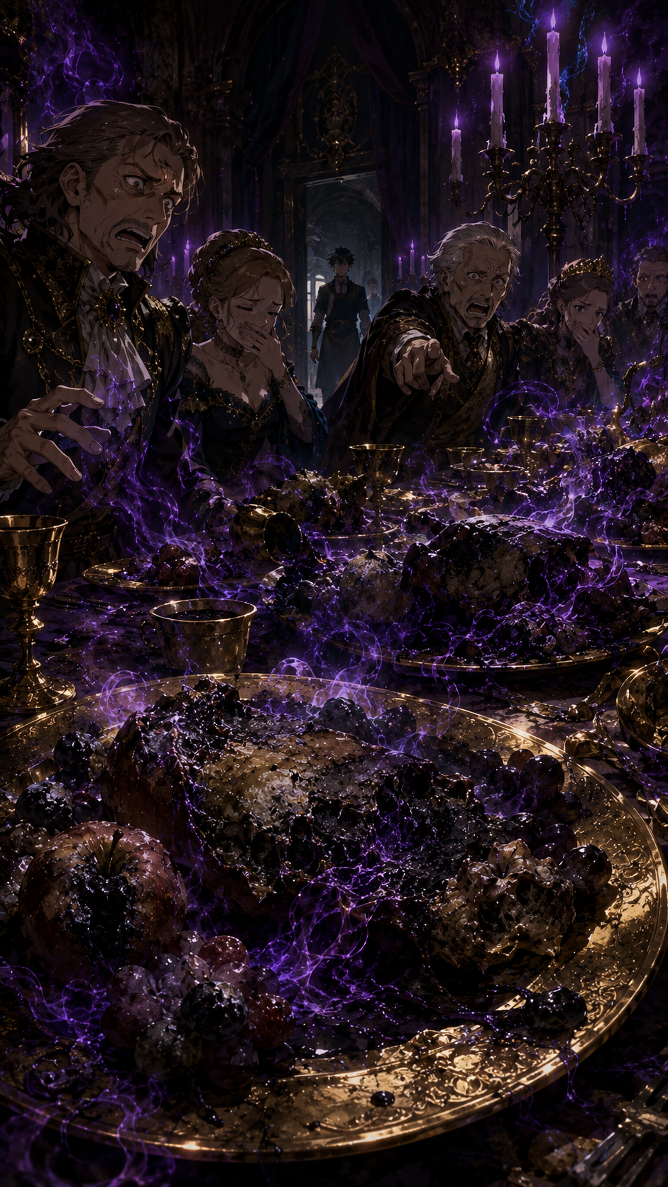 Royal banquet food rotting with purple magic
