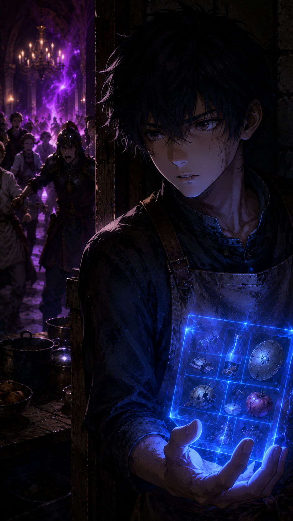 Kael at doorway holding glowing inventory