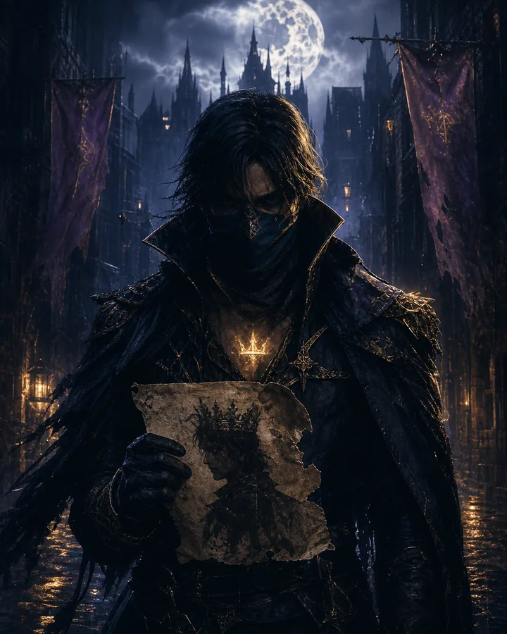 Masked outlaw holding a wanted poster under a moonlit royal city