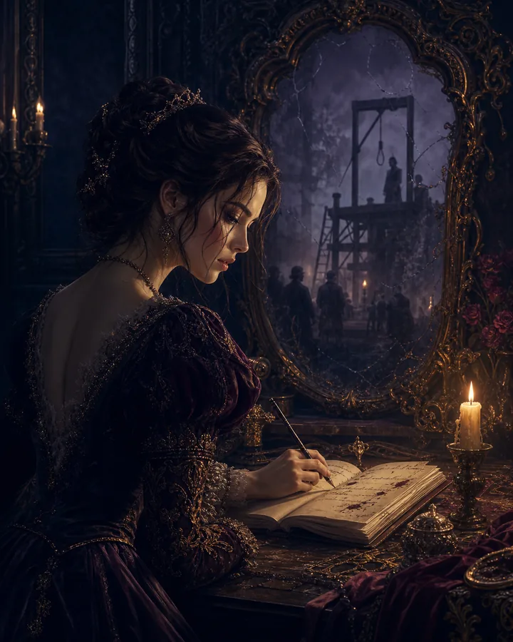 Betrayed noblewoman writing in a candlelit journal beside a cracked mirror