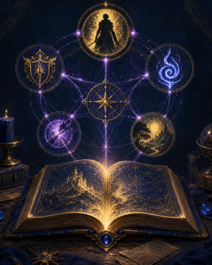 Open magical story bible with connected fantasy icons rising above it