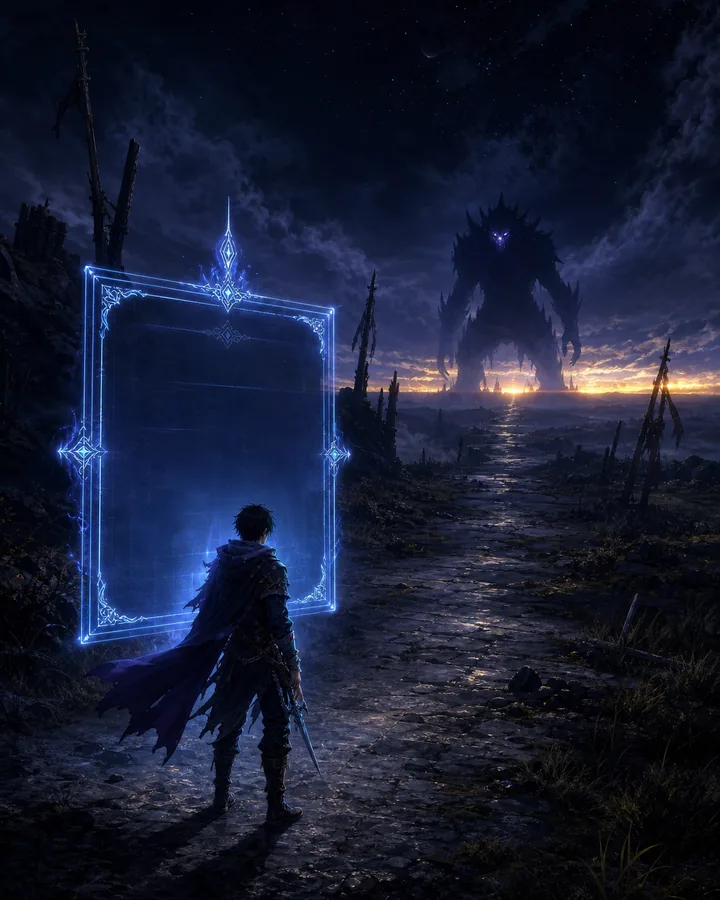 Lone hero facing a distant monster beside a glowing blue quest panel