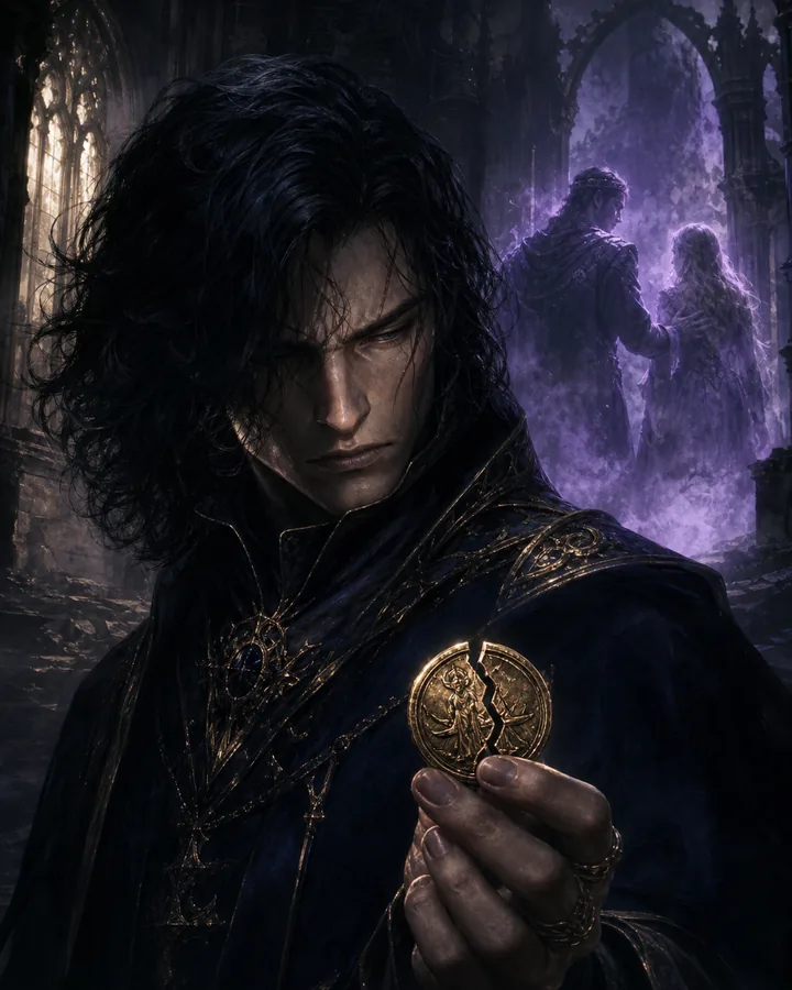 Stern fantasy villain holding a broken golden token in a ruined chapel
