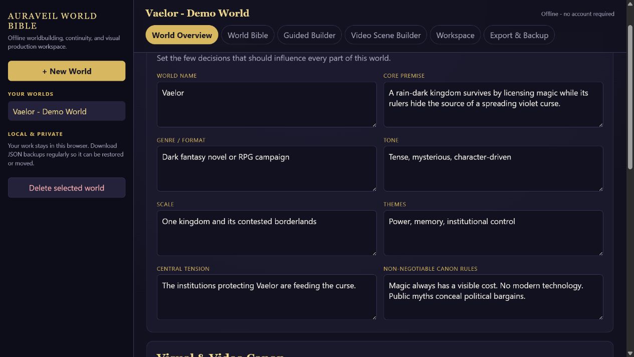 Auraveil Offline World Bible interface