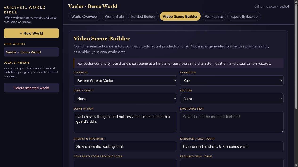 Auraveil World Bible Video Scene Builder