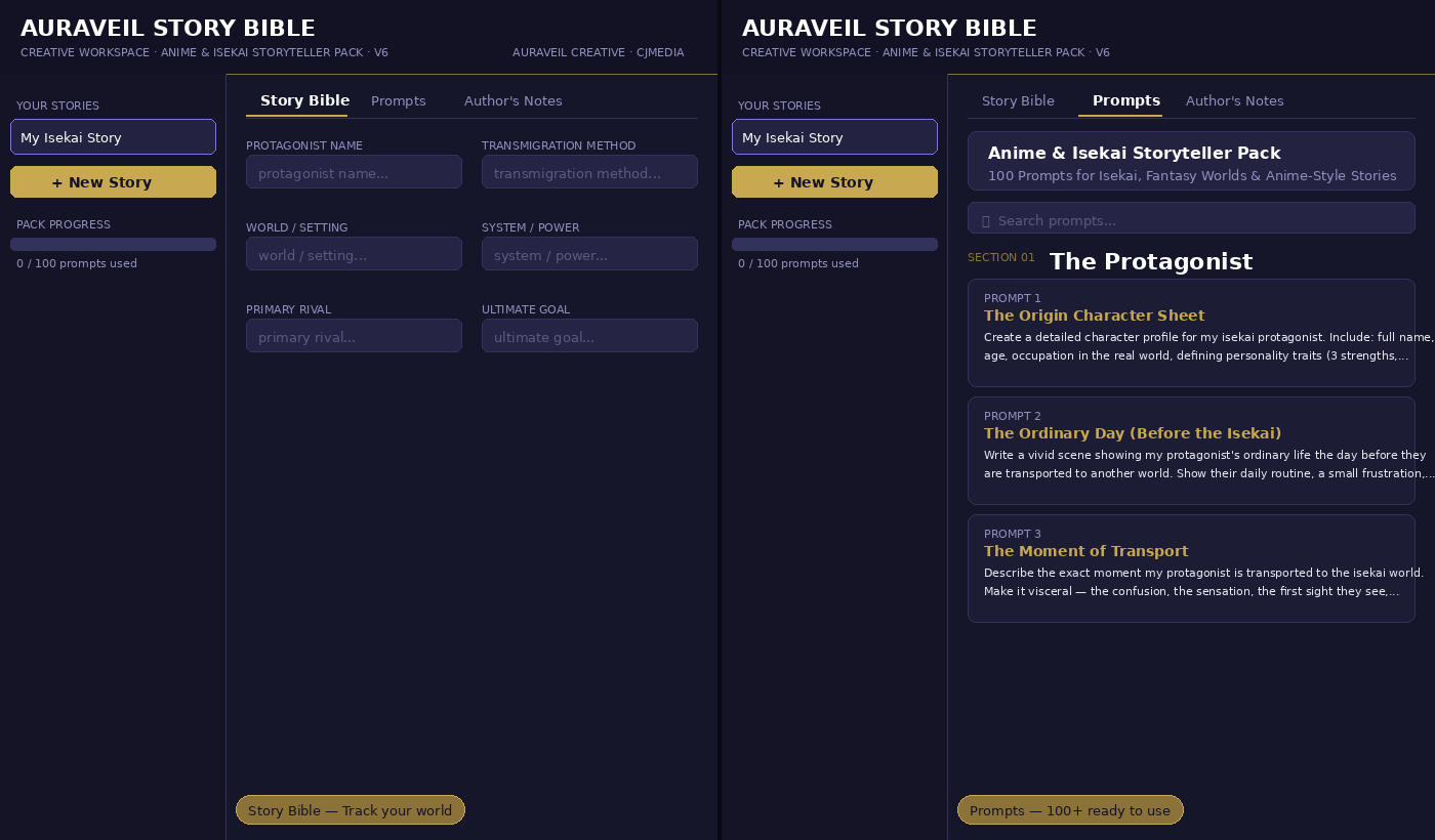 Auraveil Story Bible App — Story Bible and Prompts tabs